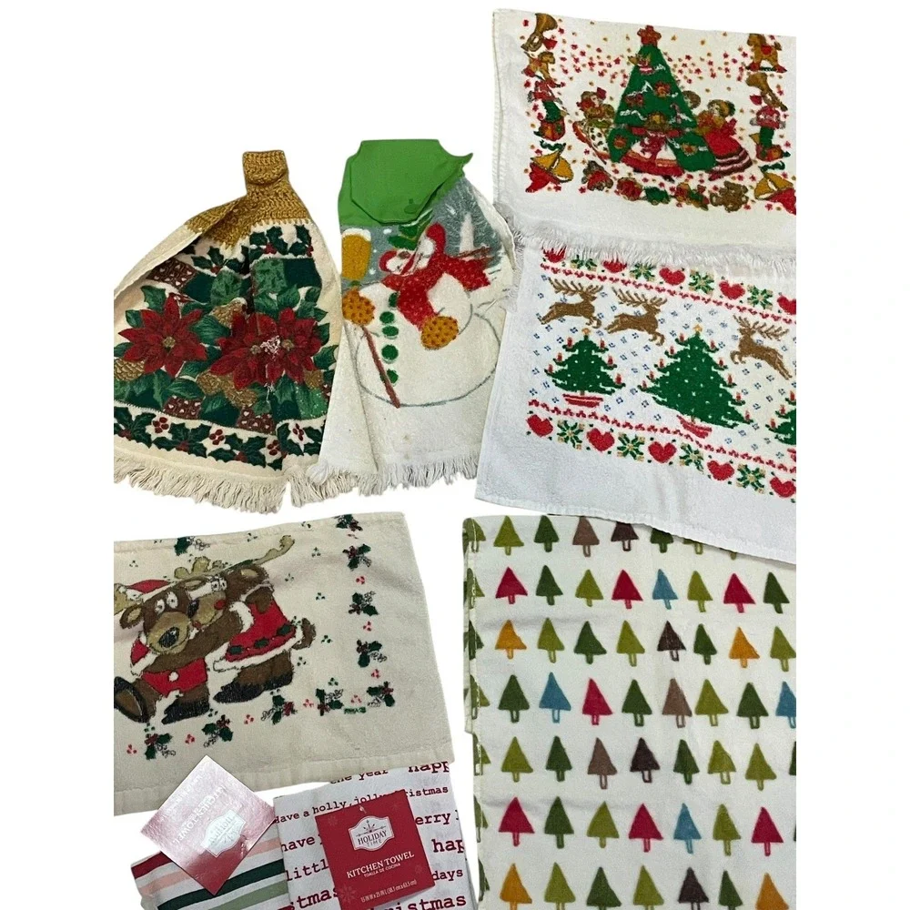 Lot 13 Vintage & Modern Christmas‎ Kitchen Towels & Table Runner Holiday Cotton